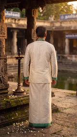 Men Off-White Cotton Dhoti with Woven Check Border and Zari Lines (2 Metre Single Veshti) - Green