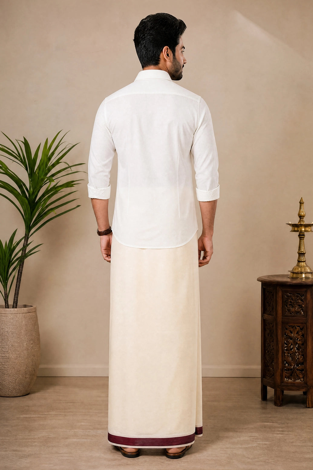 Men’s Off-White Cotton Dhoti with 1-inch Coloured Thread Border (2 Metre Single) - Traditional Wear - Maroon (Striped)