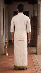 Men Off-White Cotton Dhoti with Woven Check Border and Gold-Tone Zari Lines (2m Single Veshti) - Olive Green