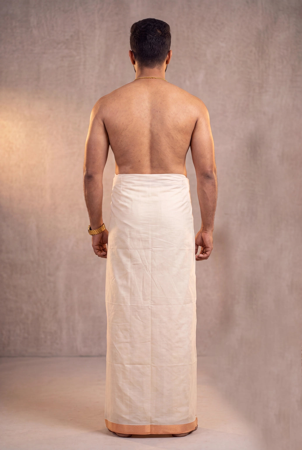 Men Off-White Cotton Dhoti with Woven Check Border and Zari Lines (2 Metre Single Veshti) - Peach