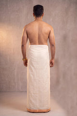 Men Off-White Cotton Dhoti with Woven Check Border and Zari Lines (2 Metre Single Veshti) - Peach