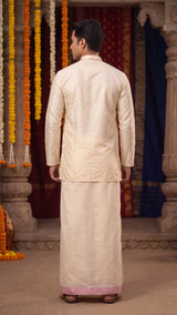 Men Off-White Cotton Dhoti with Woven Check Border and Zari Lines (2 Metre Single Veshti) - Pink