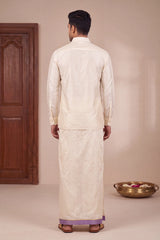 Men Off-White Cotton Dhoti with Woven Check Border and Zari Lines (2 Metre Single Veshti) - Purple