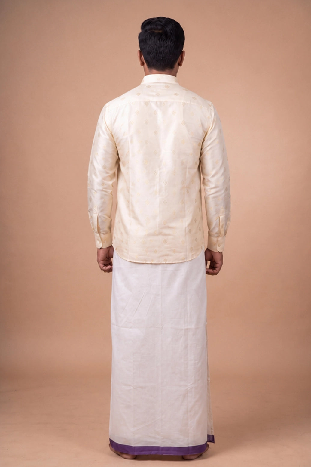 Men’s Off-White Cotton Dhoti with 1-inch Coloured Thread Border (2 Metre Single) - Traditional Wear - Purple & Gold