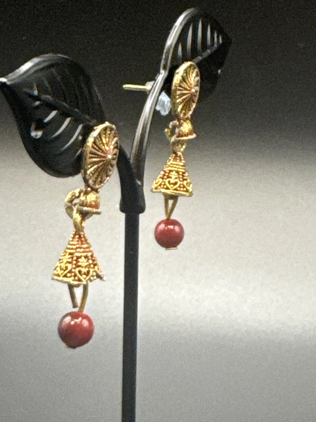 Antique Look Floral Jhumka Earrings – Gold-Tone Jhumki with Coloured Bead Drop (1.5 inch)