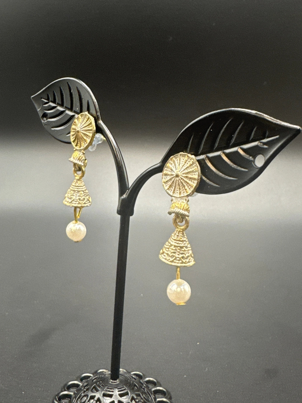 Antique Look Floral Jhumka Earrings – Gold-Tone Jhumki with Coloured Bead Drop (1.5 inch) - White