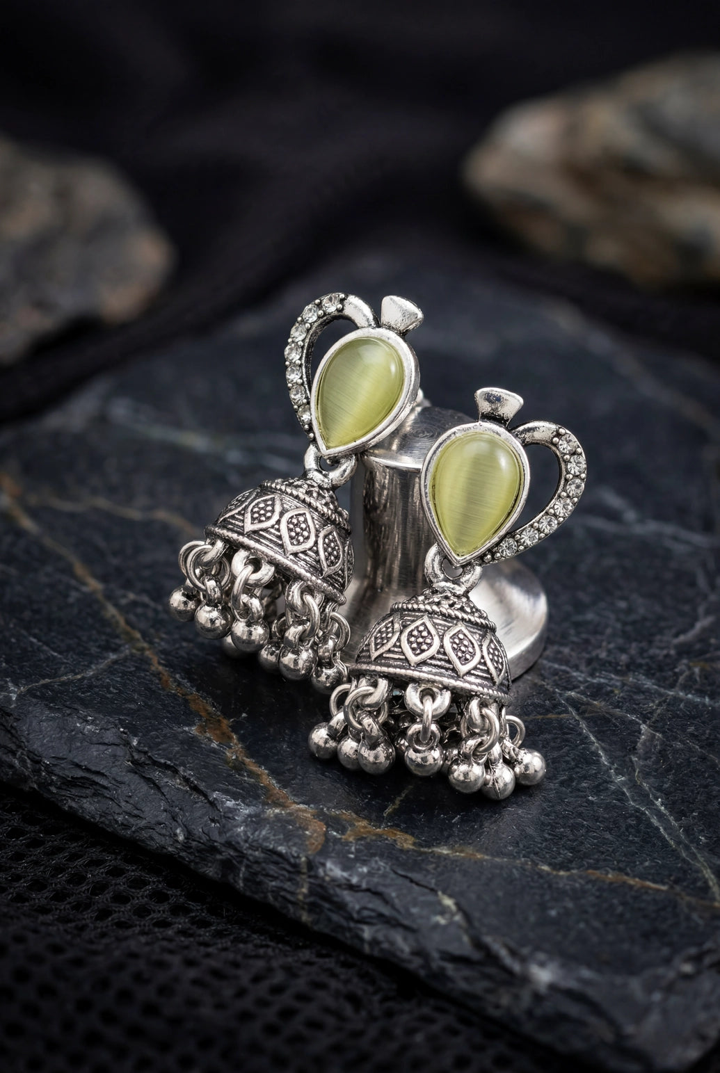 Lemon Yellow Oval Stone Oxidized Silver-Tone Jhumka Earrings with Floral Cutwork and Ghungroo Danglers