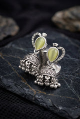 Lemon Yellow Oval Stone Oxidized Silver-Tone Jhumka Earrings with Floral Cutwork and Ghungroo Danglers
