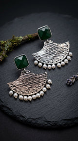 Green Stone Textured Triangle Dangle Earrings with Pearl Drops for Festive Party Wear