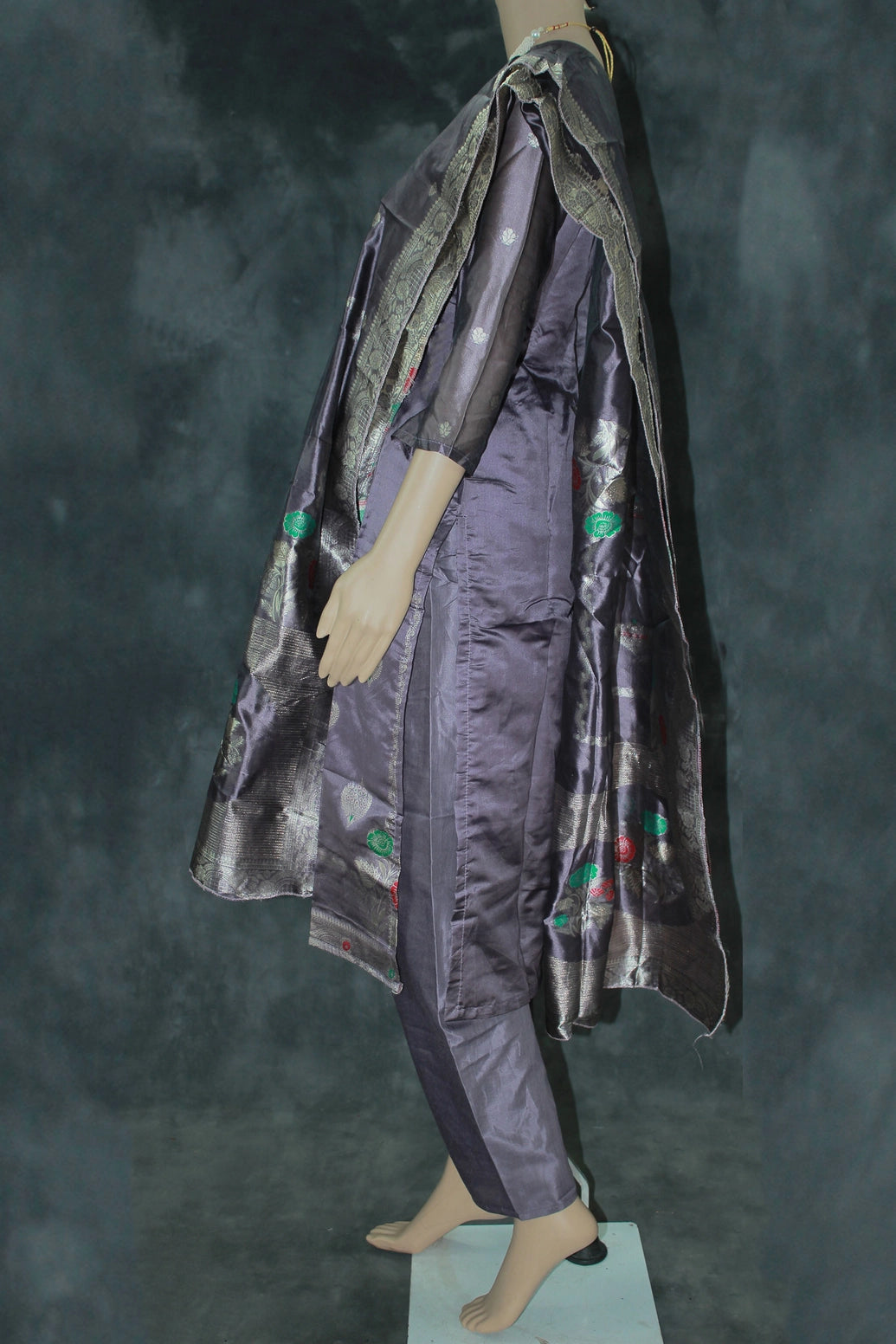 Purple Jacquard Handwork 3-Piece Kurti Set with Bead Work, Elastic Pants and Jacquard Dupatta