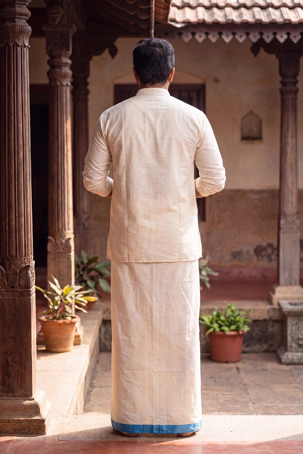 Men Off-White Cotton Dhoti with Woven Check Border and Zari Lines (2 Metre Single Veshti)