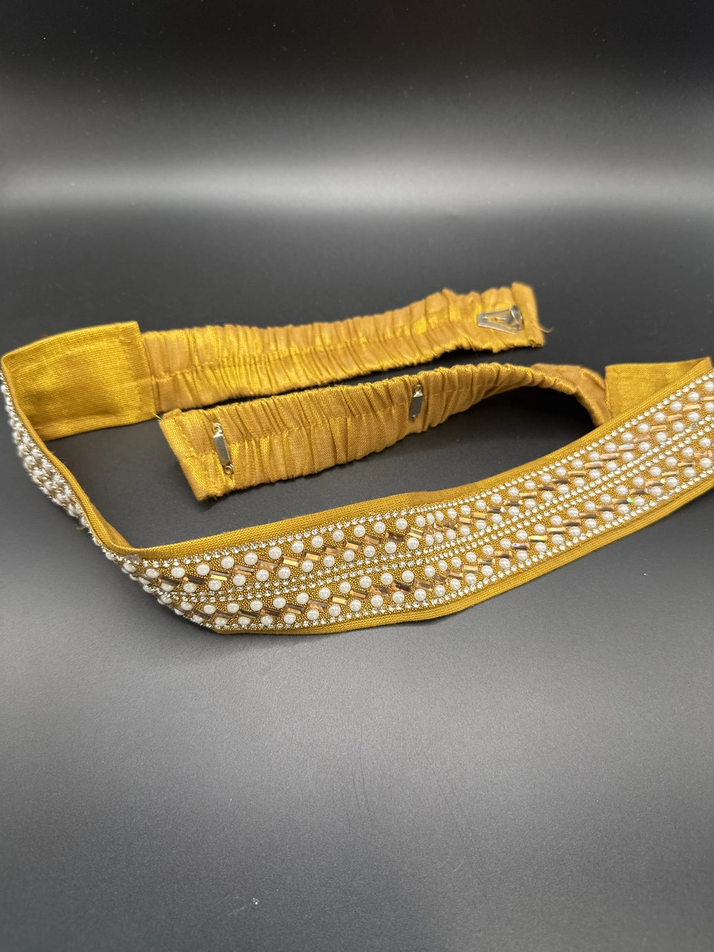 Gold-tone Embellished Pearl & Crystal Hip Belt - Elastic Adjustable Traditional Waistband for Saree and Lehenga Jewelry JCS Fashions