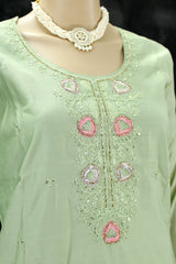 Light Green Roman Silk Kurti Pant Set with Embroidered Handwork Chinon Dupatta for Women