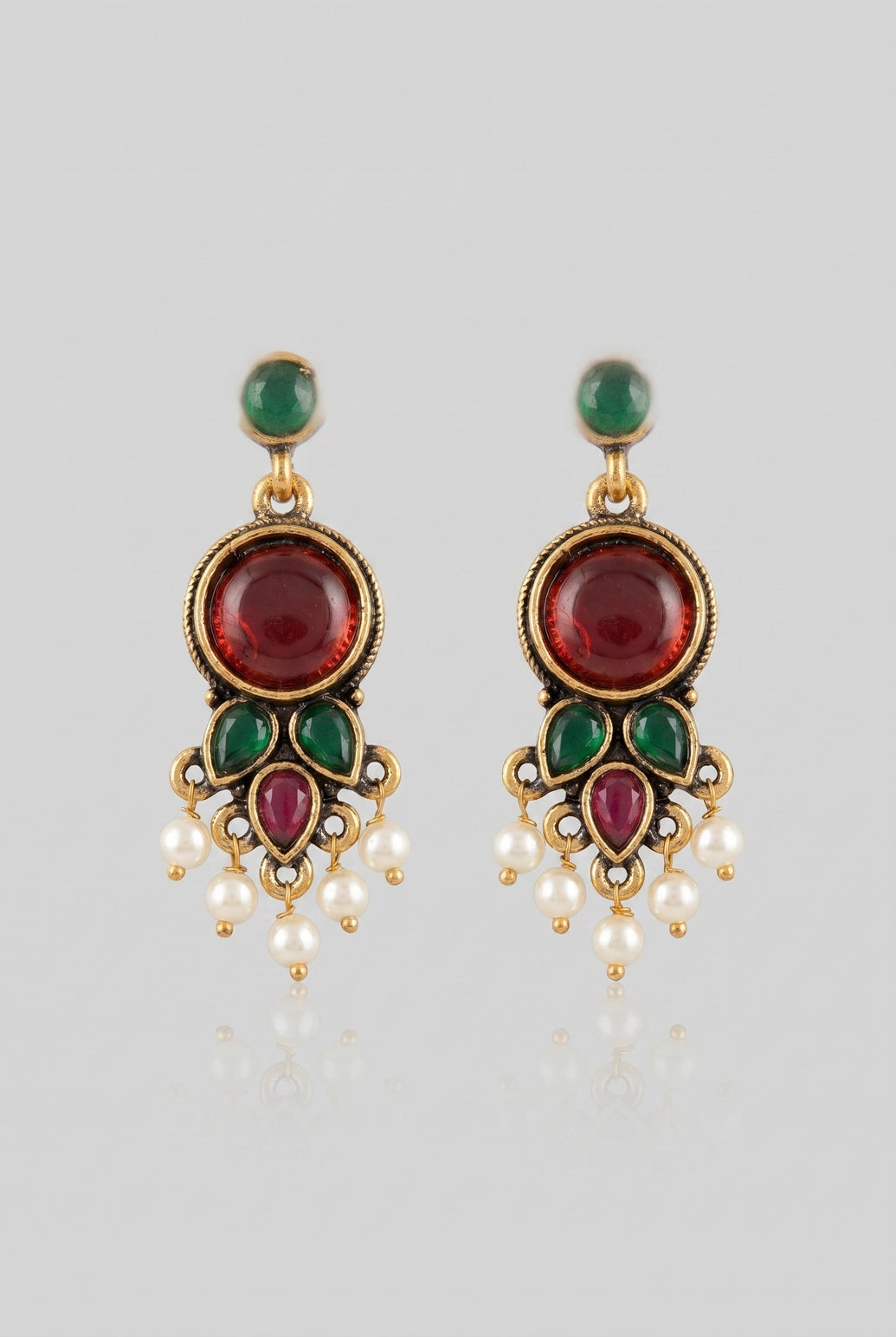 Maroon & Red Stone Drop Pearl Bead Earrings, Gold-Tone Antique Finish, Traditional Chandelier Style for Women
