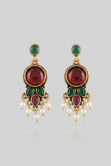 Maroon & Red Stone Drop Pearl Bead Earrings, Gold-Tone Antique Finish, Traditional Chandelier Style for Women