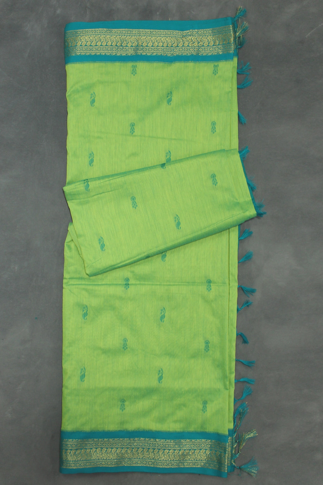 Kalyani Cotton Saree with Zari Border and Putta Motifs, Light Green Teal Pallu Saree JCS Fashions