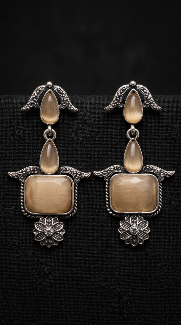 Peach Oxidised Silver Long Drop Earrings with Stone Motifs for Traditional Ethnic Wear