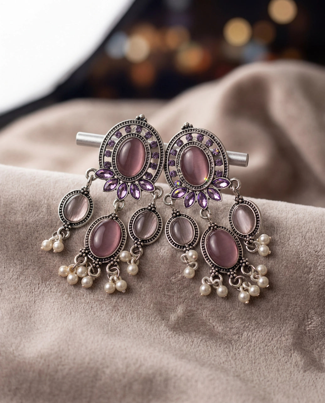 Dark Pink Oval Stone Oxidized Silver-Tone Jhumki Earrings with Pearl Drops for Women