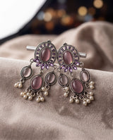 Dark Pink Oval Stone Oxidized Silver-Tone Jhumki Earrings with Pearl Drops for Women