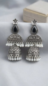 Grey Oxidised Silver-Finish Floral Jhumka Earrings with Pearl Bead Hangings for Traditional Wear