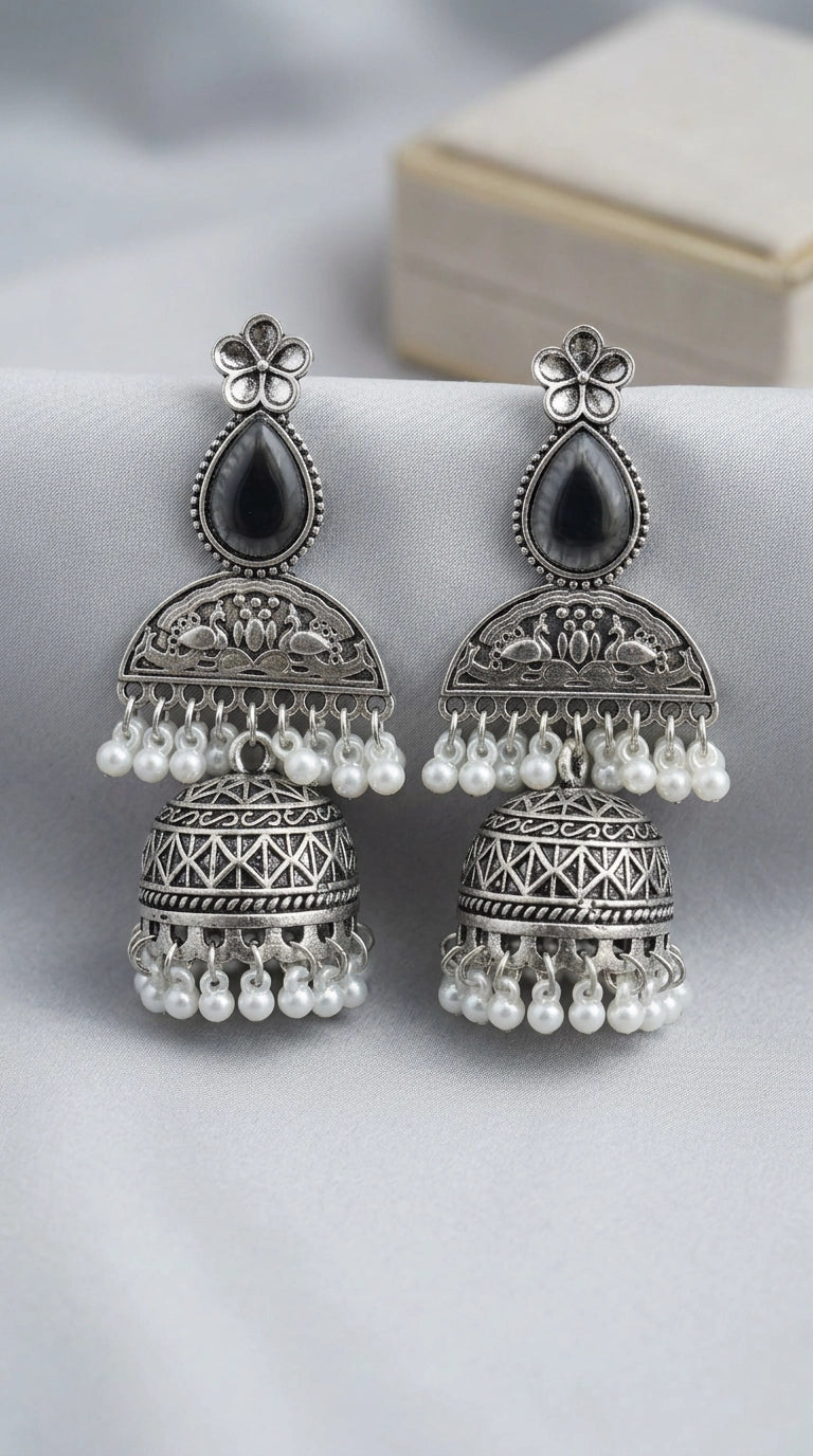 Grey Oxidised Silver-Finish Floral Jhumka Earrings with Pearl Bead Hangings for Traditional Wear