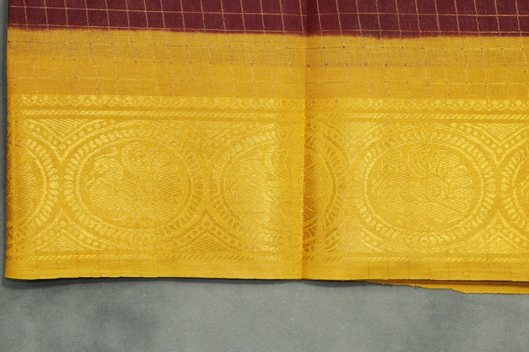 Pure Sungudi Cotton Checked Saree with Peacock Gold Zari Double Border - Brown Saree JCS Fashions