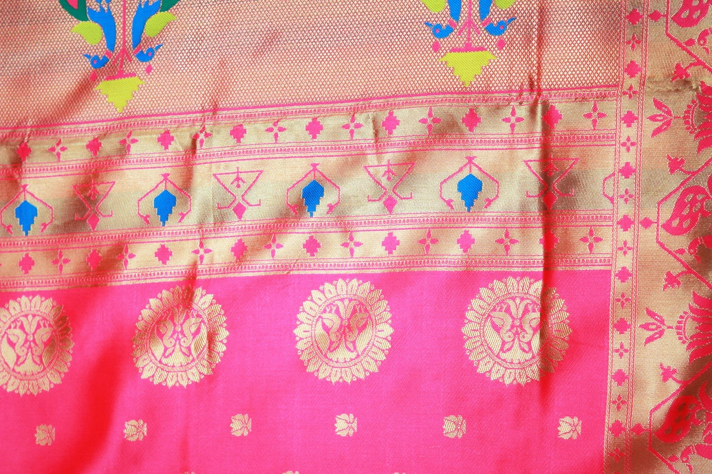 Bright Pink Paithani Pure Silk Saree with Zari Woven Peacock Pallu and Designer Border