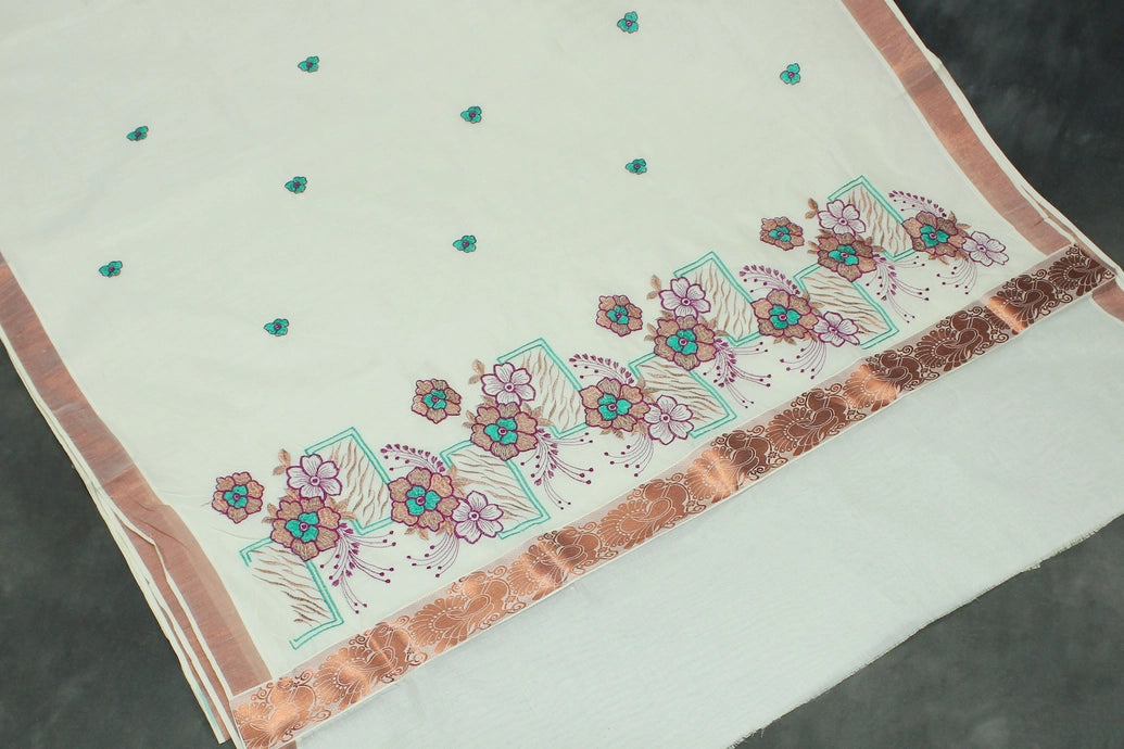 Pure Kerala Cotton White Saree with Copper Zari Floral & Peacock Embroidery