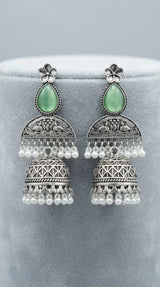 Green Oxidised Silver Jhumka Earrings with Floral Top & Pearl Bead Drops for Traditional Wear