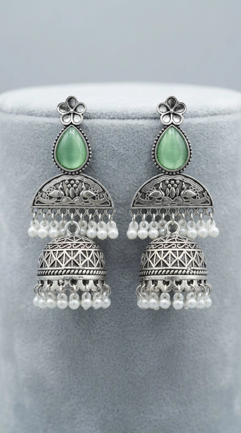 Green Oxidised Silver Jhumka Earrings with Floral Top & Pearl Bead Drops for Traditional Wear