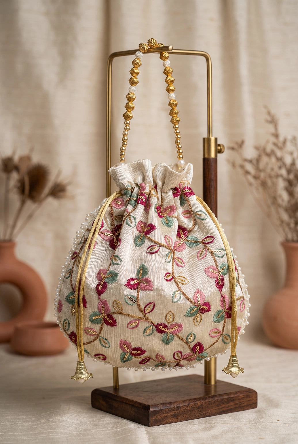 Cream Floral Embroidered Ethnic Potli Pouch with Drawstring, Pearl Bead Trim for Wedding Festive Gifts