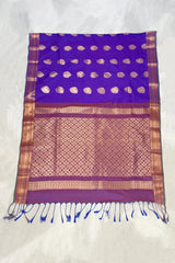 Purple Semi Soft Silk Saree with Contrast Border, Delicate Gold Zari Buttas and Traditional Floral Zari Border