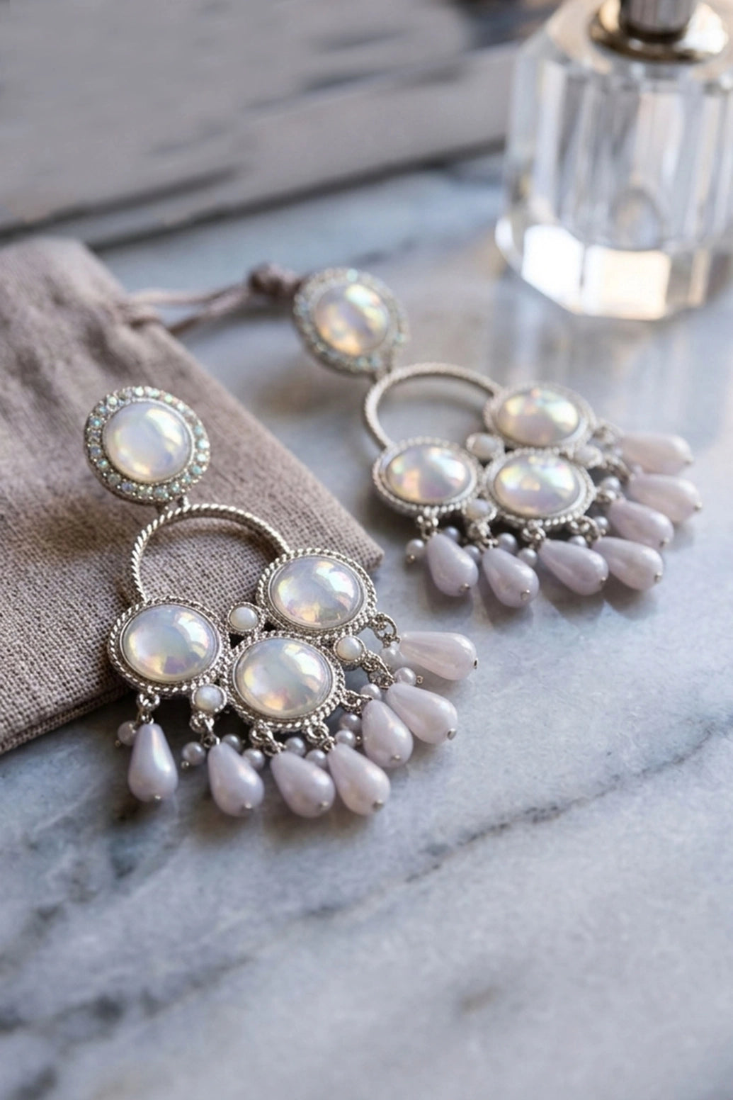 White Pearl & Iridescent Stone Drop Earrings with Stud Top, Teardrop Beads and Pearl Accents