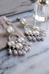 White Pearl & Iridescent Stone Drop Earrings with Stud Top, Teardrop Beads and Pearl Accents