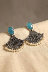 Sea Blue Stone Triangle Tassel Drop Earrings, Silver-Tone Party/Festive Jewellery for Women