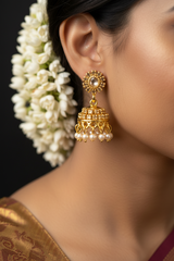 Gold-Tone Floral Pearl Jhumka Earrings for Women, 1.5