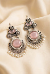 Oxidized Silver-Tone Onion Pink Stone Drop Earrings with Pearl Fringe, Floral Motifs for Traditional Wear