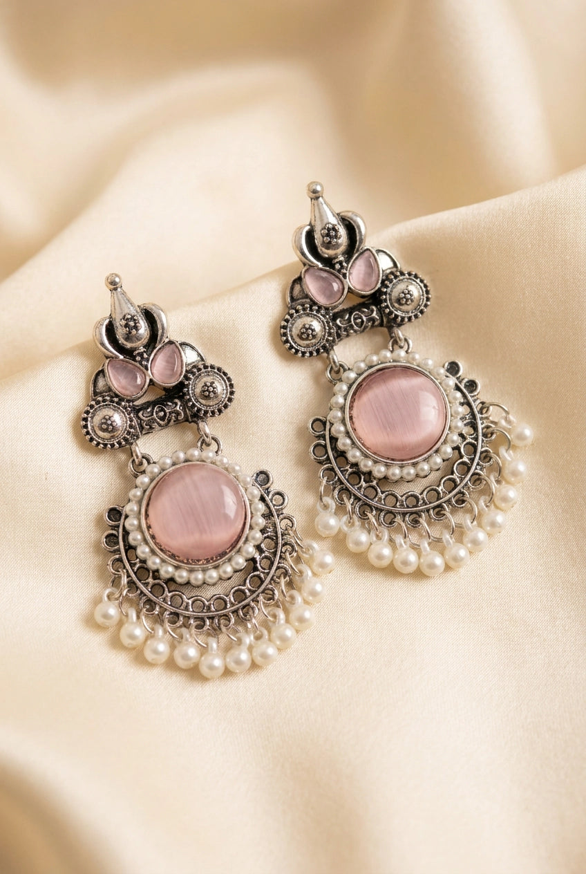 Oxidized Silver-Tone Onion Pink Stone Drop Earrings with Pearl Fringe, Floral Motifs for Traditional Wear