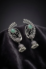Mint Green Antique Oxidized Peacock Jhumka Earrings with Pearl Bead Drops for Women