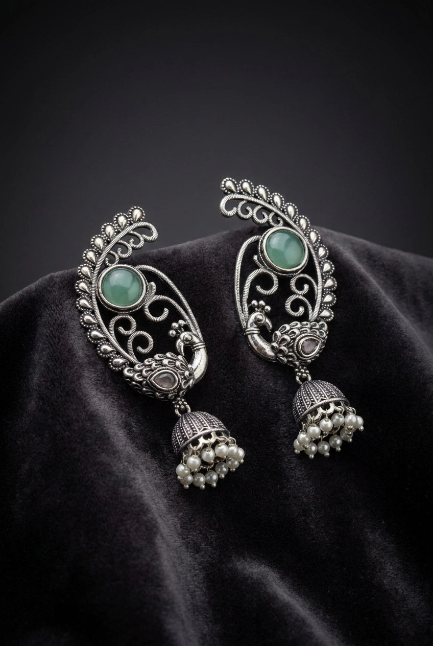 Mint Green Antique Oxidized Peacock Jhumka Earrings with Pearl Bead Drops for Women
