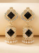 Traditional Gold-Tone Jhumka Earrings with Black Stone Studded Drop and Pearl-Look Dangles for Women