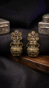 Antique Gold-Tone Floral Stud Jhumka Earrings with Champagne Crystal Stones for Women