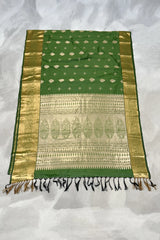Green Pure Silk Saree with Heavy Pallu Border and Traditional Blouse Piece