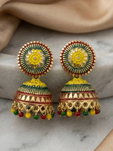 Gold-Tone Multi Color Floral Jhumka Stud Earrings with Bead Drop Danglers for Women
