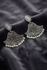 Grey Textured Triangular Stone Stud Earrings with Pearl Beaded Drop for Festive & Party Wear