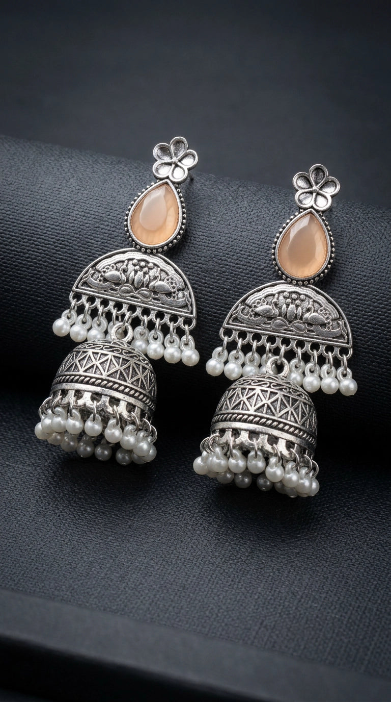 Oxidised Silver-Finish Peach Teardrop Jhumka Earrings with Floral Top and Pearl Bead Hangings