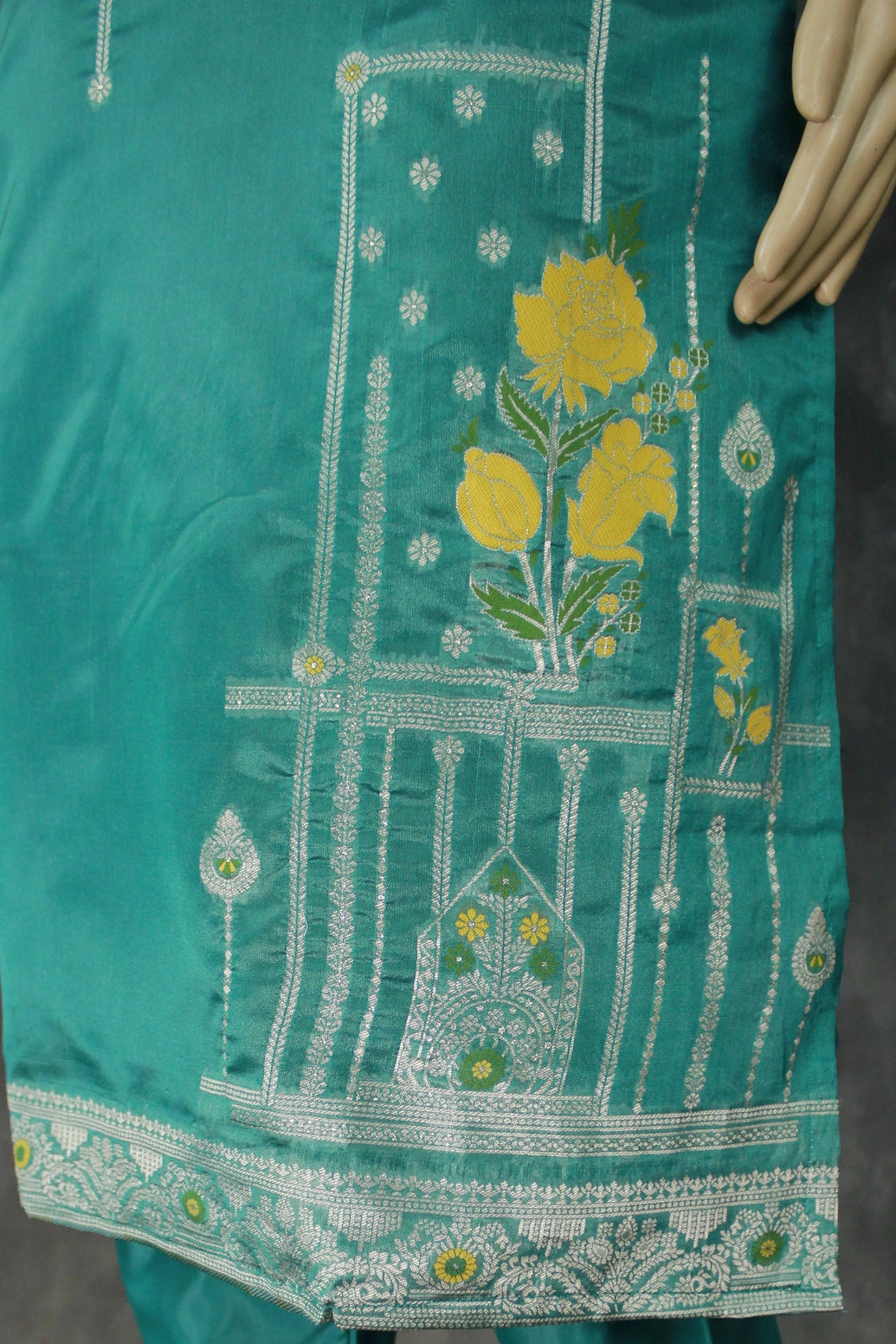 Teal Blue Jacquard Kurti Set with Bead Handwork — 3-Piece Pakistani Style Top, Elastic Pants and Jacquard Dupatta