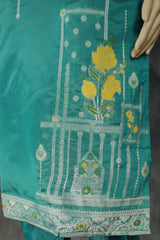 Teal Blue Jacquard Kurti Set with Bead Handwork — 3-Piece Pakistani Style Top, Elastic Pants and Jacquard Dupatta