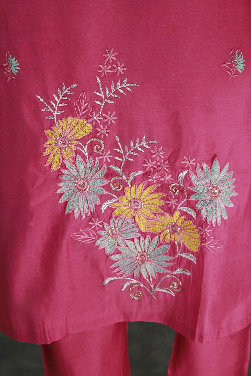 Deep Pink Roman Silk Chikankari-Style Kurti Set with Beads Work Neck & Chiffon Dupatta