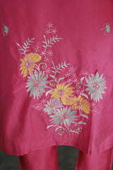 Deep Pink Roman Silk Chikankari-Style Kurti Set with Beads Work Neck & Chiffon Dupatta